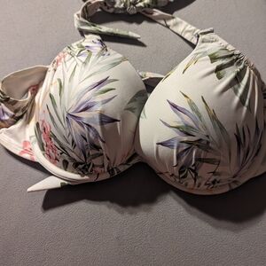 H&M Cream Floral Halter Bra Top with Green and Purple Leaves